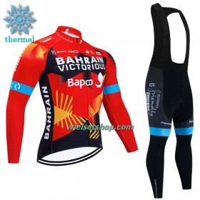 Fietskleding (Fietsshirt Lange Mouw + Lange Koersbroek) 2023 Bahrain Victorious Winter Thermal Fleece - Rood Zwart